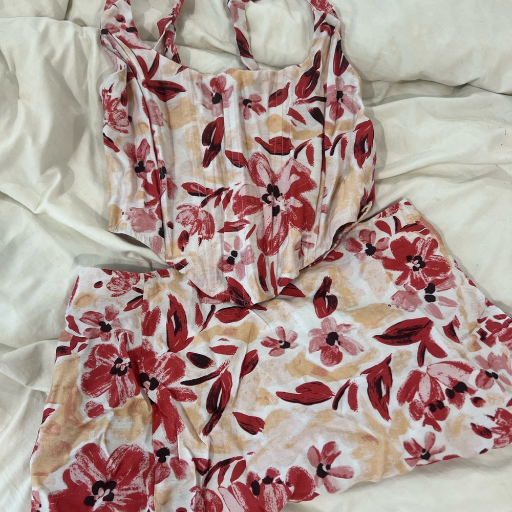 Red and Cream Floral Textile with Organic Design